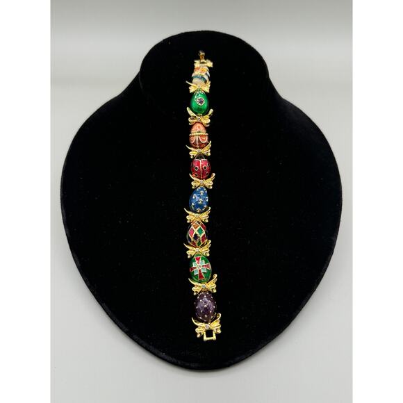 Vintage Joan Rivers Enamel Egg Bracelet with Ladybug Faberge Style - Picture 2 of 7